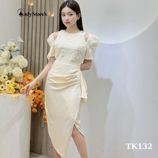 TK132 Đầm lụa tay phồng phối ren nhúng eo sang trọng