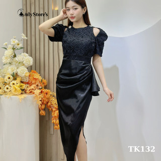 TK132 Đầm lụa tay phồng phối ren nhúng eo sang trọng