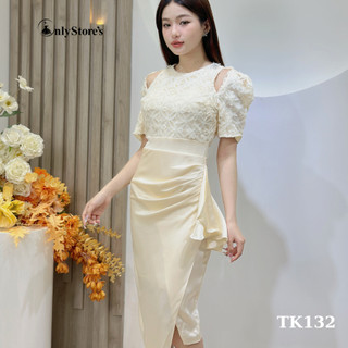 TK132 Đầm lụa tay phồng phối ren nhúng eo sang trọng