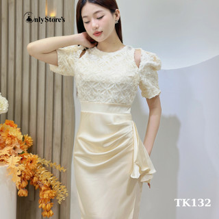 TK132 Đầm lụa tay phồng phối ren nhúng eo sang trọng
