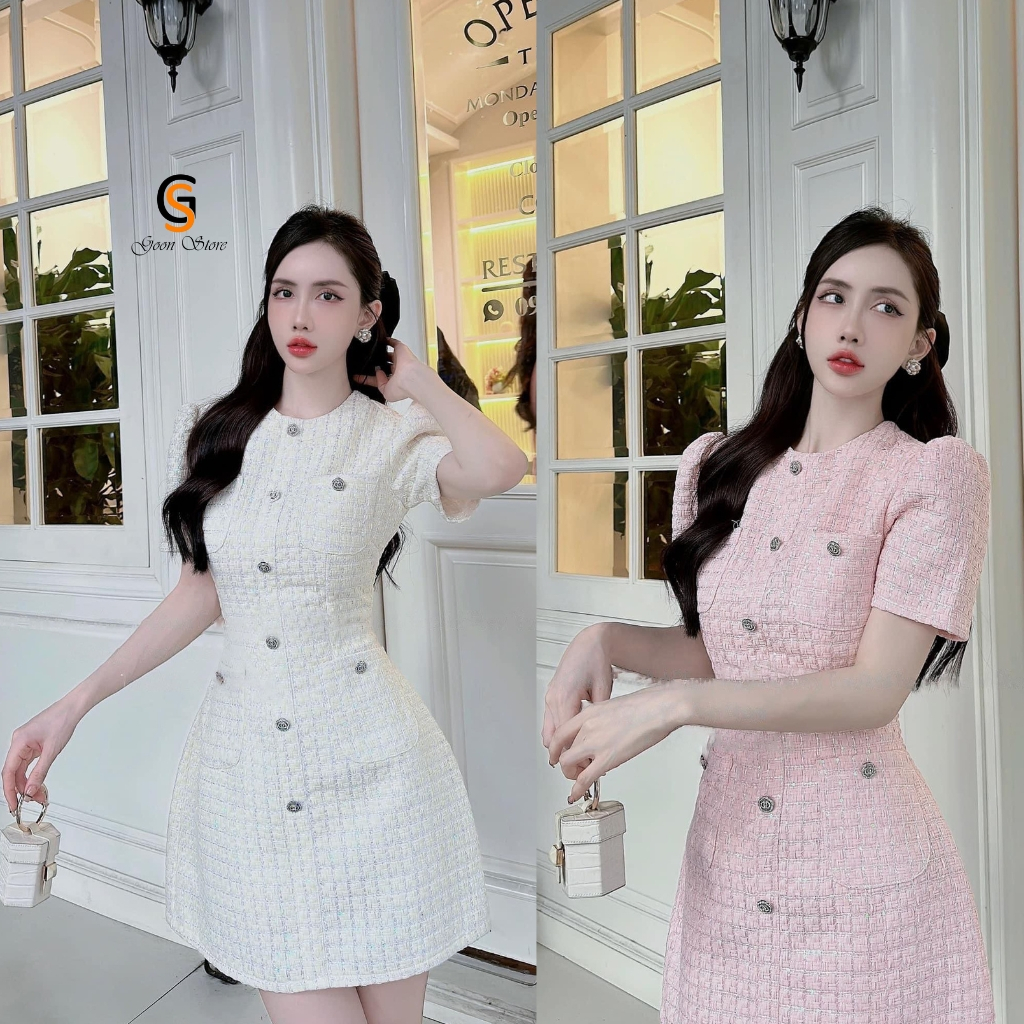 Váy tiểu thư , Váy thiết kế , Váy dạ Tweed dáng ngắn cổ tròn thanh lịch , trẻ trung , sang chảnh