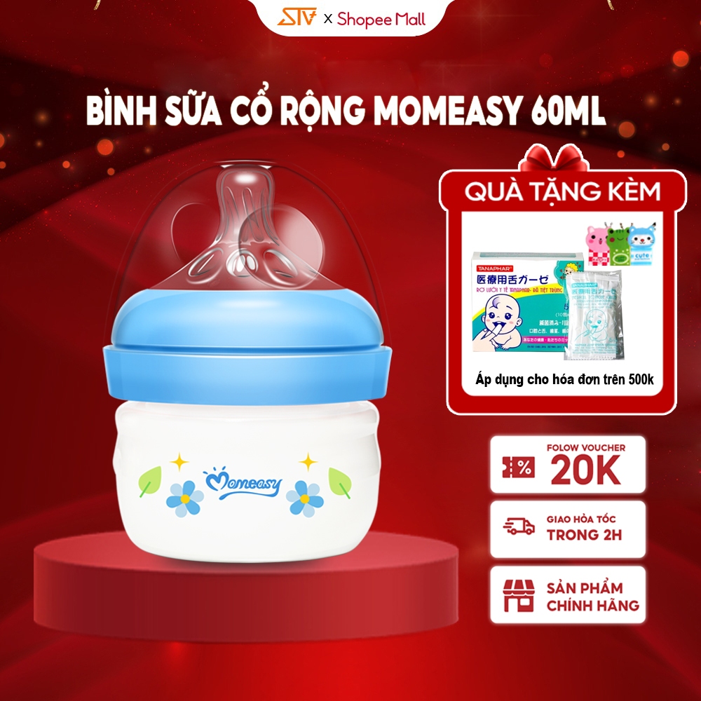 Bình Sữa Cổ Rộng Momeasy 60ML Họa Tiết Dễ Thương Cho Bé