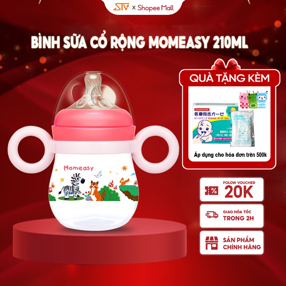 Bình Sữa Cổ Rộng Momeasy 210ML Có Tay Cầm Núm Silicone Mềm Mịn Cho Bé 44781