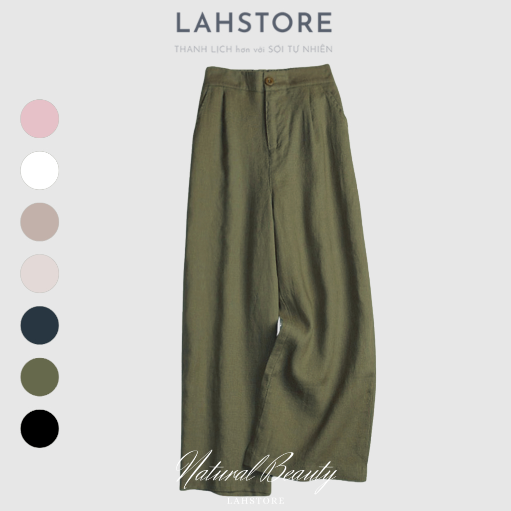 Quần dài suông ống rộng LAHSTORE vải linen sợi tự nhiên, cạp cao, lưng thun, phong cách công sở QD01 (Xanh Rêu)