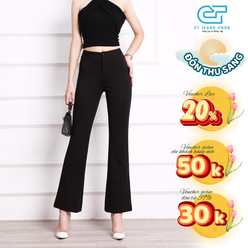 Quần ống loe nữ xẻ giữa cạp cao chất liệu vải umi co giãn 4 chiều CP16, CT JEANS