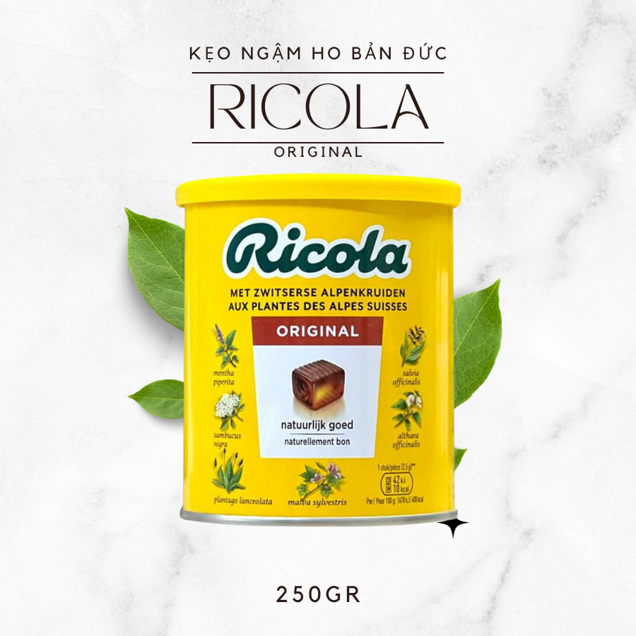 Kẹo ngậm ho thảo mộc Ricola Original Herb 250gr Đức-Hương Vị Tự Nhiên Dịu Cơn Đau Họng Giảm Ho