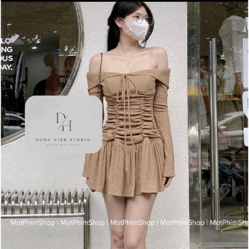 Đầm trể vai tay dài loe nhẹ form ngắn xòe 2 lớp có quần đi tiệc đi chơi chất liệu vái thun kiểu bẹt có quần DH studio