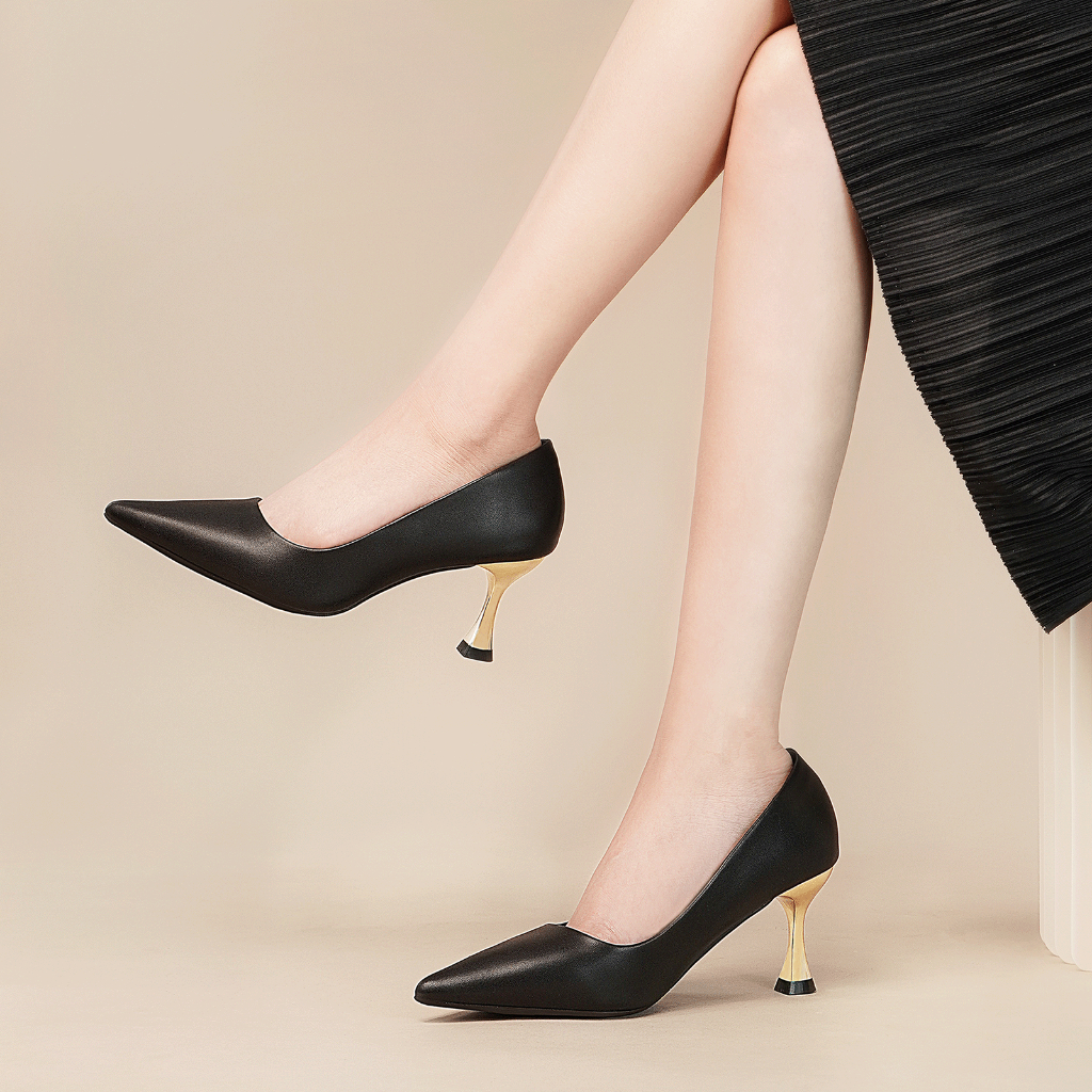 Giày cao gót nữ DILY mũi nhọn basic, giày bít mũi nữ gót nhọn ánh vàng sang trọng cao 6.5cm AA0459