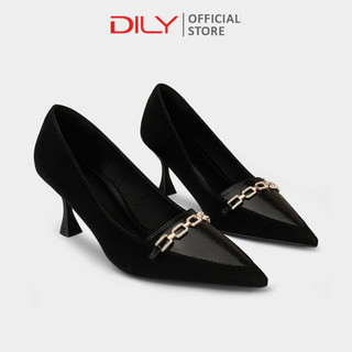 Giày cao gót nữ DILY gắn khóa sang trọng, giày bít mũi gót nhọn quai da phối nhung thời trang cao 6.5cm AA0460