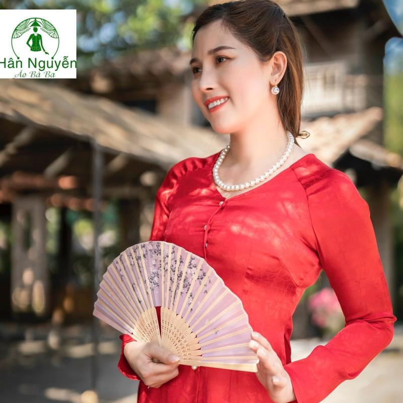 B.A42 - Áo Bà Ba Gấm Vân Đá Cài Nút Cổ Tim Tay Dài ( Quần Đen ) - Hân Nguyễn Áo Bà Ba