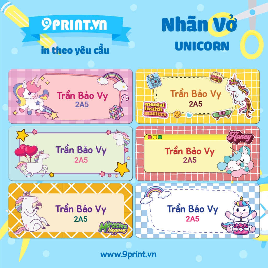 Nhãn sách vở in hình Unicorn, nhãn sách vở in tên bé theo yêu cầu
