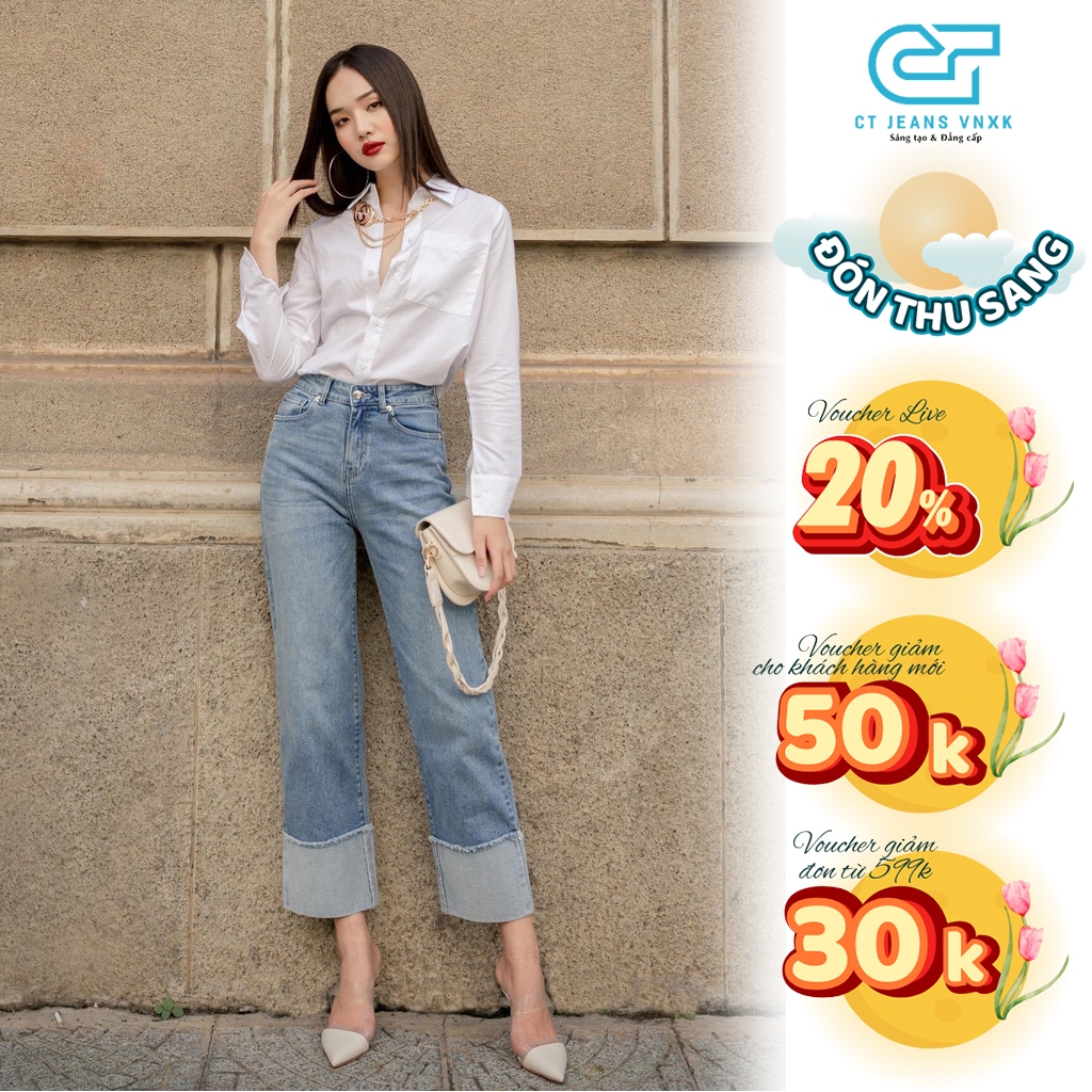 Quần jean ống rộng nữ lưng cao vải co giãn 4 chiều thoáng khí lật gấu ngược CP08, CT JEANS