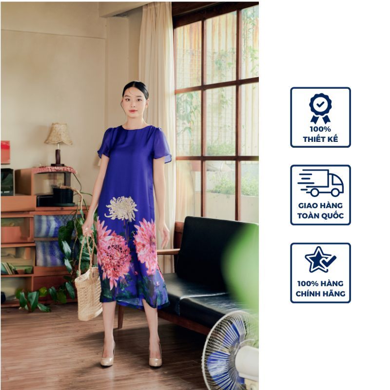 Đầm nữ thiết kế 𝐎𝐓𝐈𝐍𝐀 𝐅𝐀𝐒𝐇𝐈𝐎𝐍 đầm lụa cúc nền xanh hiện đại