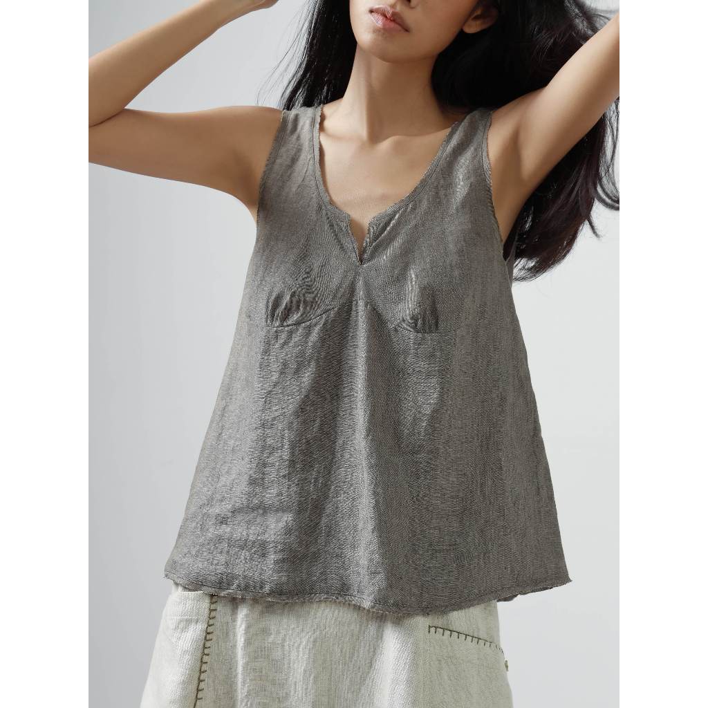 TimTay Áo Cổ Tròn Sát Nách Dáng A Xếp Ly Ngực Áo 100% Linen Cao Cấp - Áo Ava