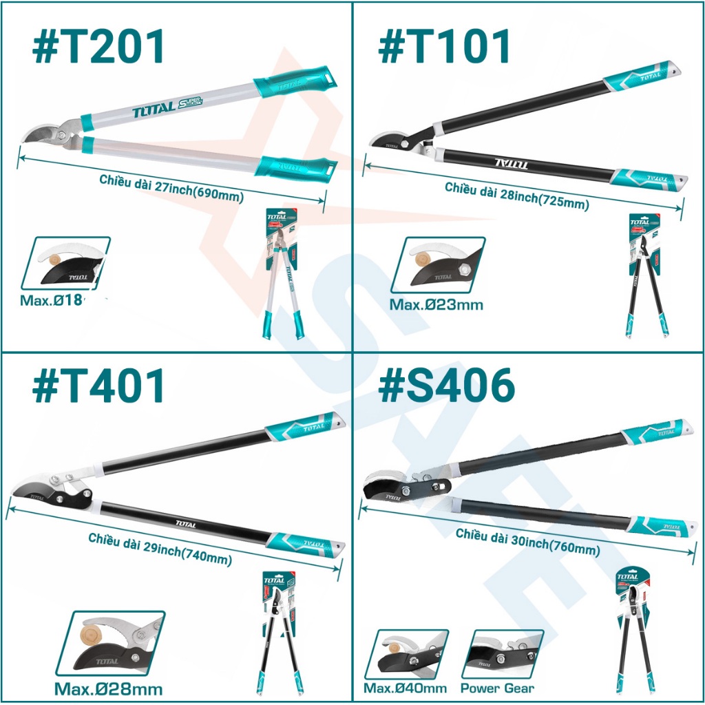 Kéo cắt tỉa cây cảnh TOTAL lưỡi thép carbon 55#, xử lý nhiệt và sơn teflon sắc bén, lực cắt nhẹ, dùng cắt cành cây