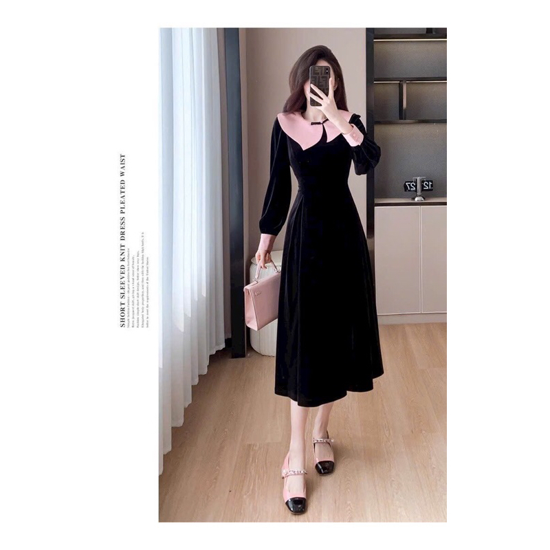 Đầm nhung cổ phối màu xinh xắn