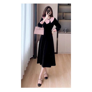 Đầm nhung cổ phối màu xinh xắn