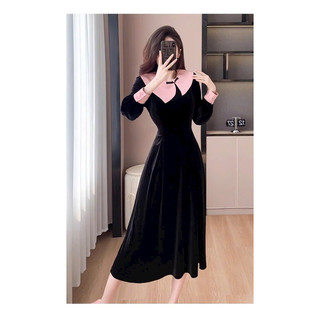 Đầm nhung cổ phối màu xinh xắn