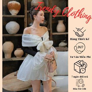 Đầm dự tiệc, đầm trễ vai phối nơ ngực dày dặn phối đen sang chảnh Trendy Clothing