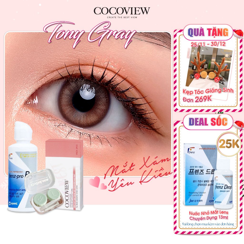 Combo Kính Áp Tròng Hàn Quốc COCOVIEW LENS TONY GRAY Xám Tự Nhiên + Nước Ngâm Frenz Pro B5 150ml
