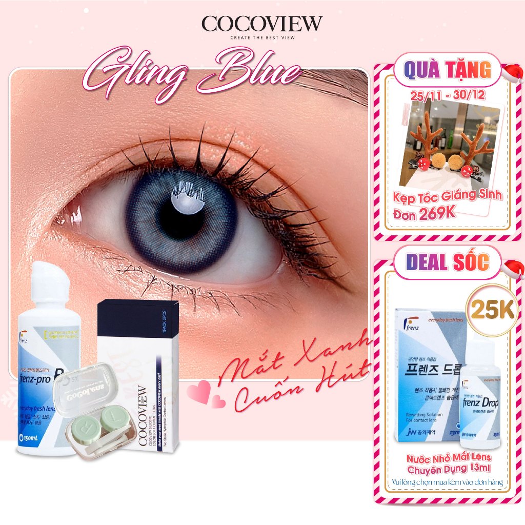 Combo Kính Áp Tròng Hàn Quốc COCOVIEW LENS GLING BLUE Xanh Tự Nhiên + Nước Ngâm Frenz Pro B5 150ml
