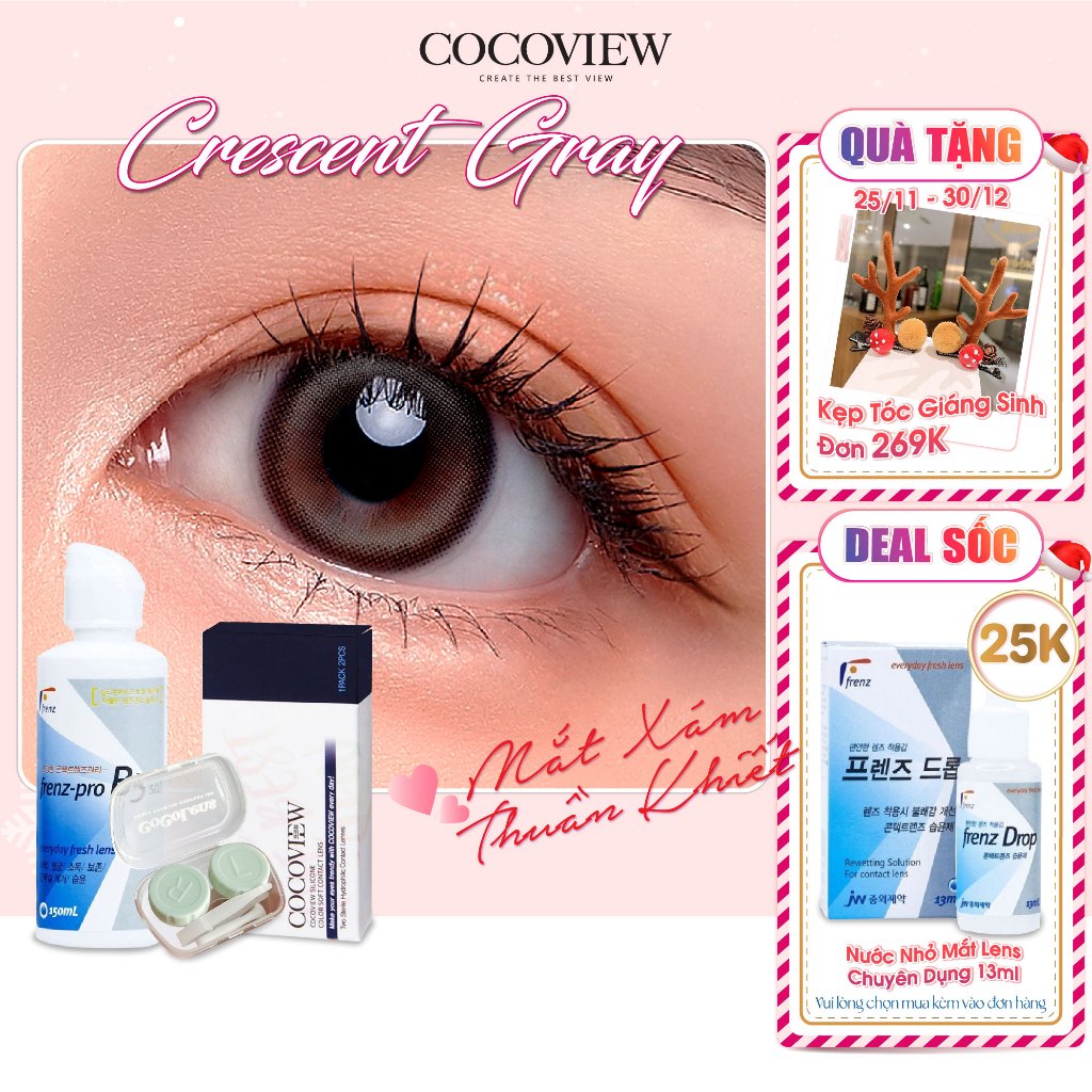 Combo Kính Áp Tròng Hàn Quốc COCOVIEW LENS CRESCENT GRAY Xám Tự Nhiên + Nước Ngâm Frenz Pro B5 150ml