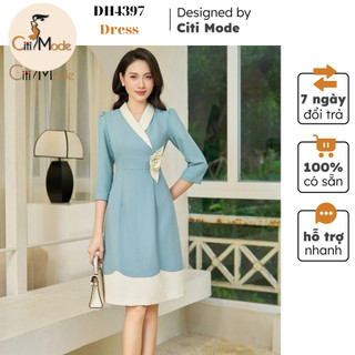 Đầm công sở CITI MODE FASHION thiết kế dáng xòe A xanh tay lỡ phối viền trắng DH4397