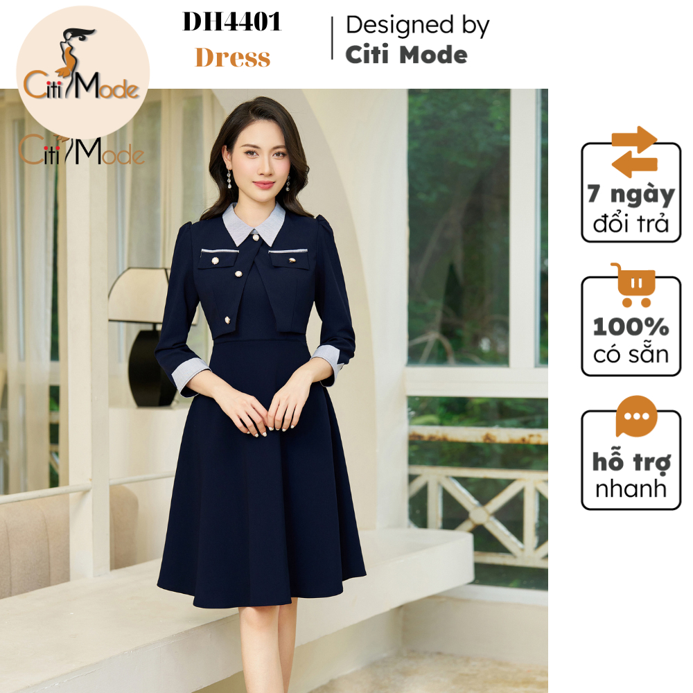 Đầm công sở CITI MODE FASHION thiết kế dáng xoè xanh dài tay giả vest DH4401