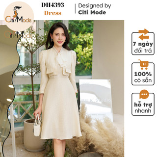 Đầm công sở CITI MODE FASHION thiết kế dáng xoè dạ be phối nơ cổ DH4393