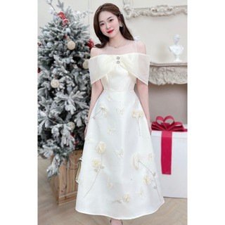 Đầm Thiết Kế MAY V398 Chất Liệu Tafta Đính Kết 3D Màu Kem Sáng Da - Đầm Dự Tiệc Sang Trọng Chuẩn MAY