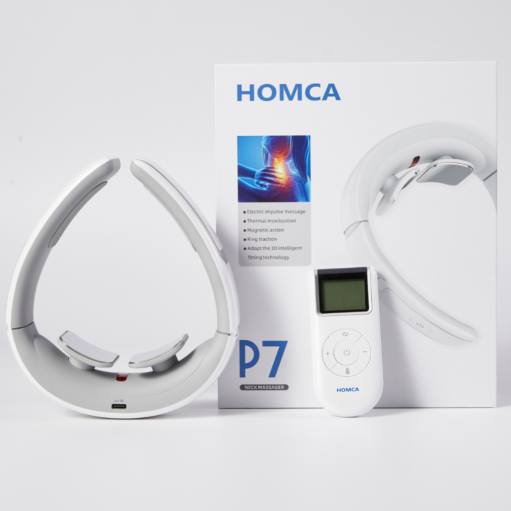 Combo Máy massage cổ HOMCA P7, massage cổ điện xung thế hệ mới 6 chế độ, có điều khiển từ xa, nhiệt kế MT