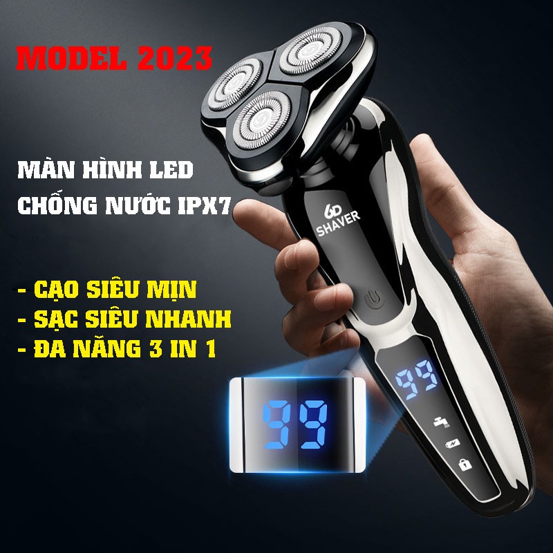 Máy Cạo Râu SHAVER 6D 1168 Đa Năng 3 Lưỡi Kép Màn Hình Led Hiển Thị Pin Cạo Sát Sạch Êm