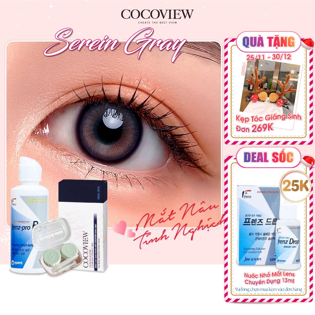 Combo Kính Áp Tròng Hàn Quốc COCOVIEW LENS SEREIN GRAY Xám Tự Nhiên + Nước Ngâm Frenz Pro B5 150ml