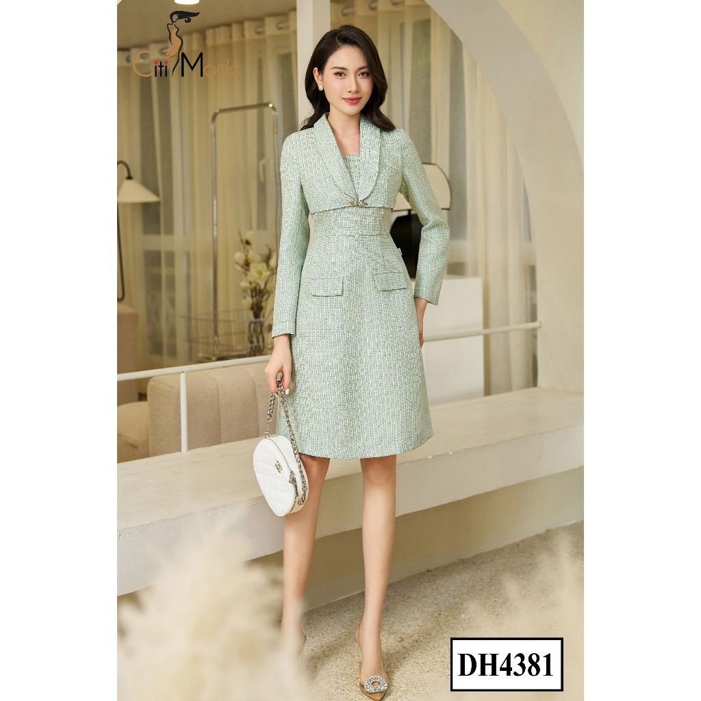 Đầm công sở CITI MODE FASHION thiết kế dáng  xoè A croptop dạ xanh DH4381