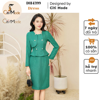 Đầm công sở CITI MODE FASHION thiết kế dáng ôm peplum dạ tweed xanh cổ tròn đính cúc DH4399