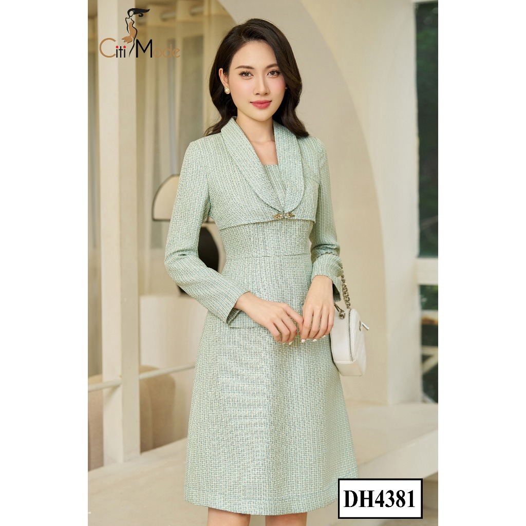 Đầm công sở CITI MODE FASHION thiết kế dáng  xoè A croptop dạ xanh DH4381