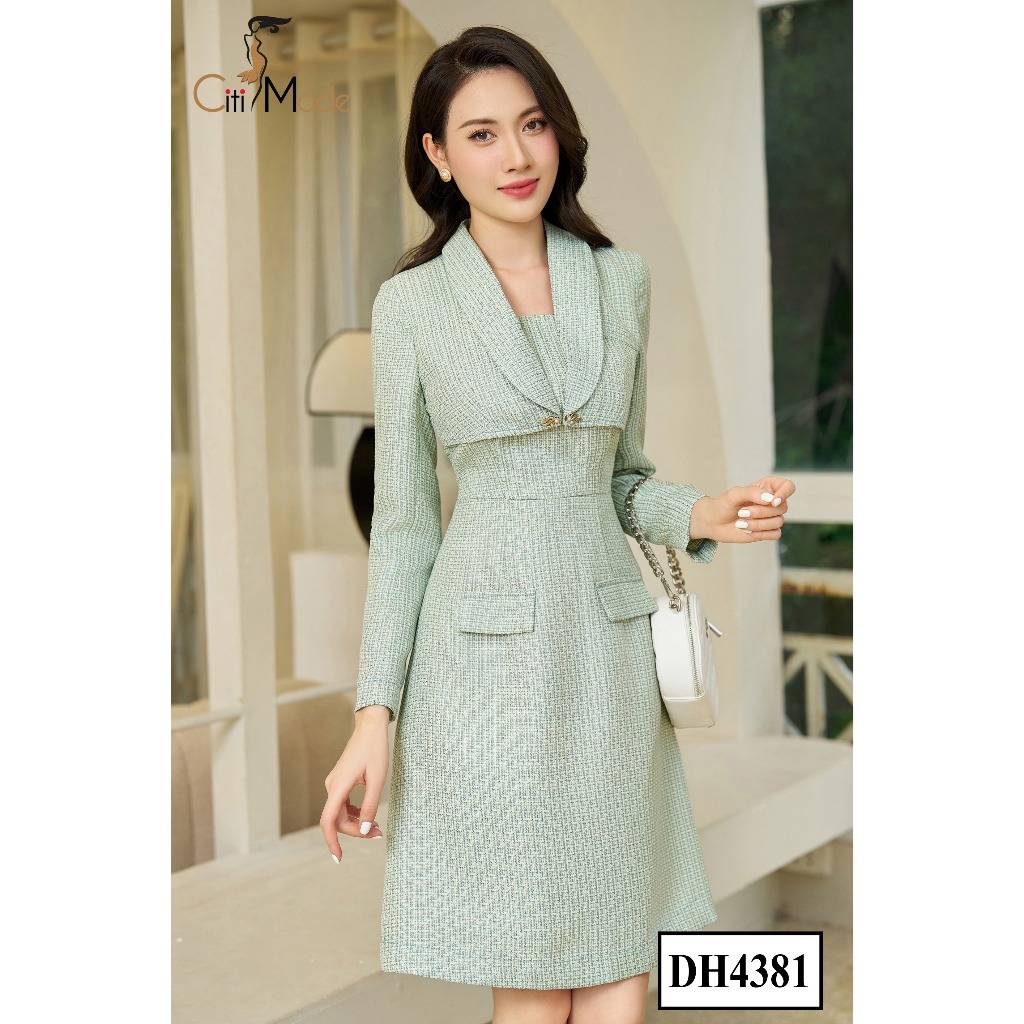 Đầm công sở CITI MODE FASHION thiết kế dáng  xoè A croptop dạ xanh DH4381