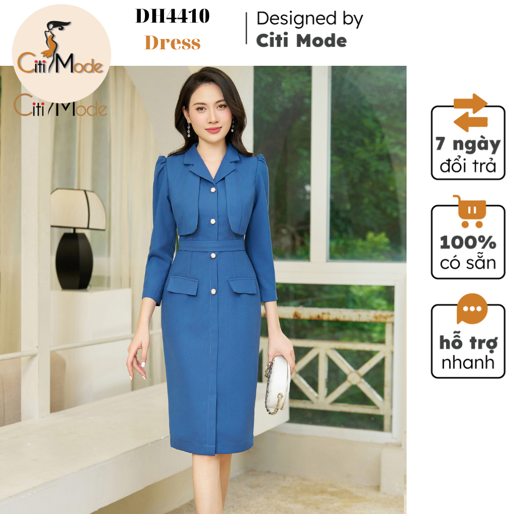Đầm công sở CITI MODE FASHION thiết kế dáng ôm xanh cổ vest phối áo giả DH4410