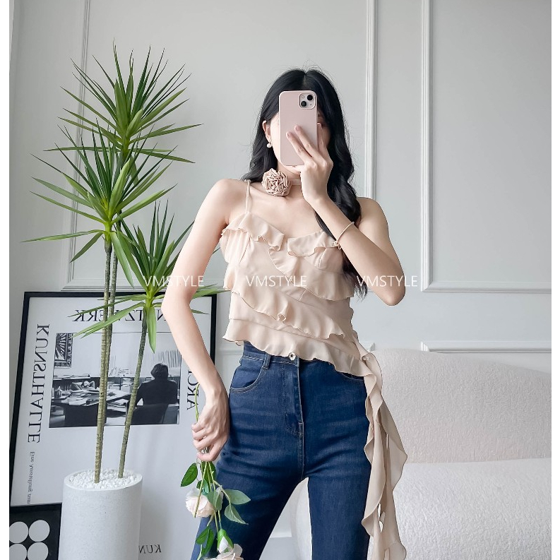 Áo 2 dây nữ VMSTYLE dáng ngắn tầng bèo thả kèm bông cổ 5138 - ASU00358