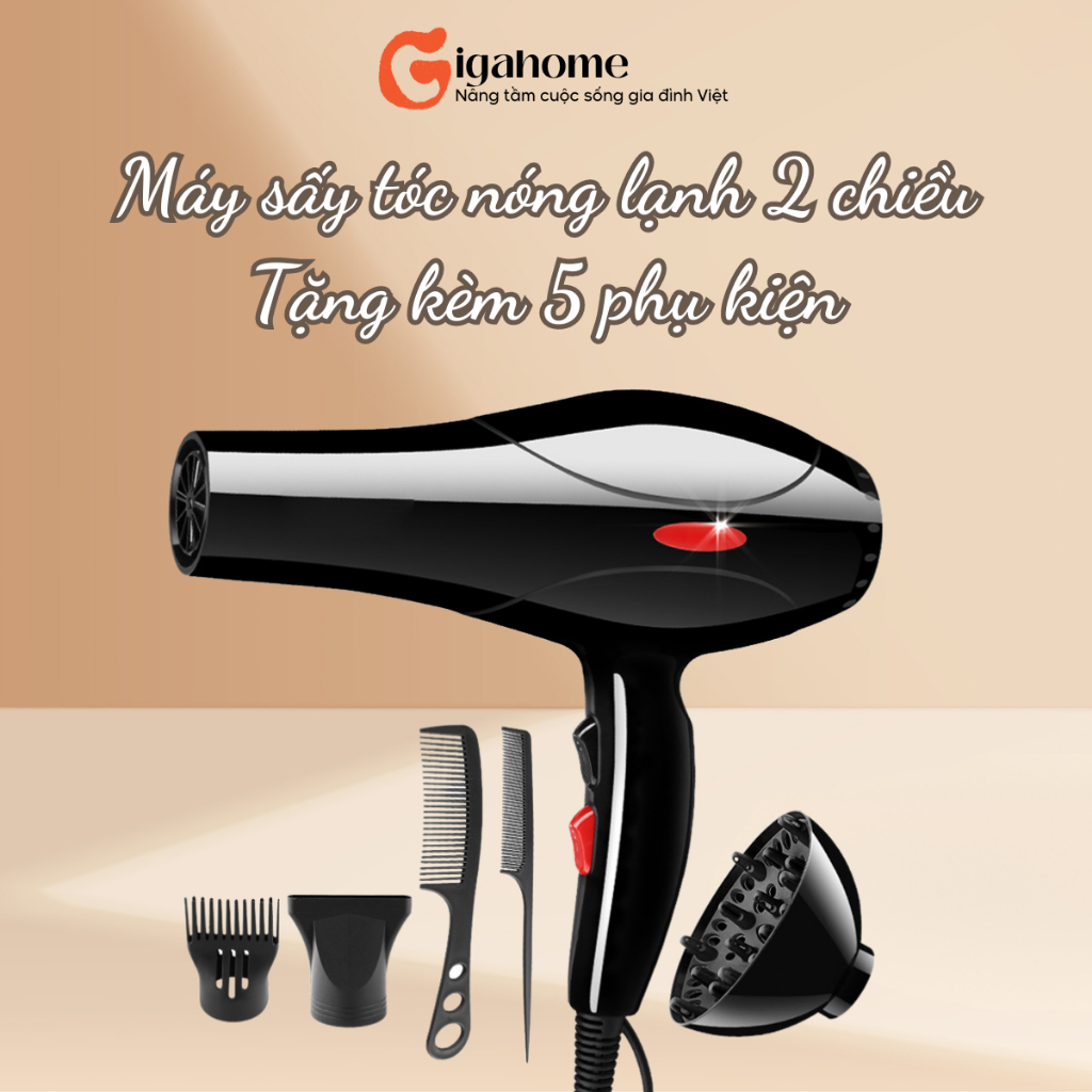 Máy Sấy Tóc Tạo Kiểu Nóng Lạnh 2 Chiều Công Suất Lớn Tặng Kèm 5 Phụ Kiện GIGAHOME 9356