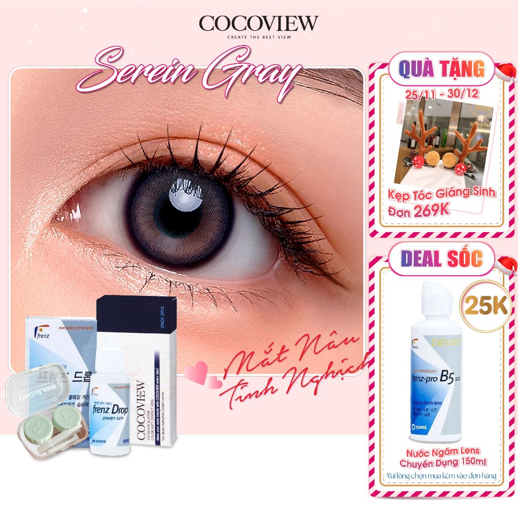 Combo Kính Áp Tròng Hàn Quốc COCOVIEW LENS SEREIN GRAY Xám Tự Nhiên + Nước Nhỏ Mắt Cấp Ẩm Frenz Pro B5 13ml