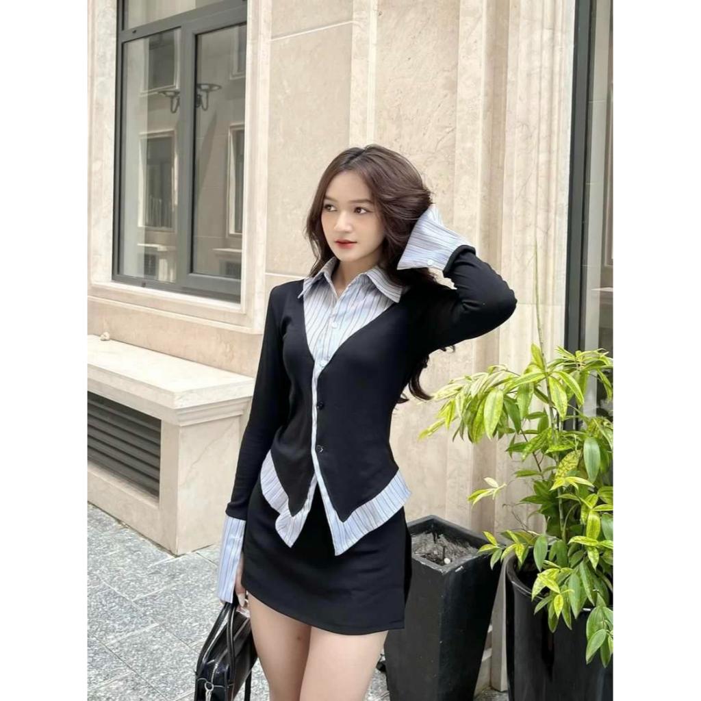 Áo thun đen phối sơ mi sọc xanh & trắng siêu tôn dáng ELWYN EL45