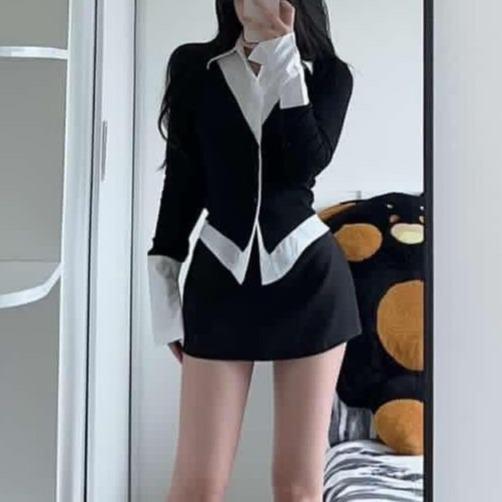 Áo thun đen phối sơ mi sọc xanh & trắng siêu tôn dáng ELWYN EL45