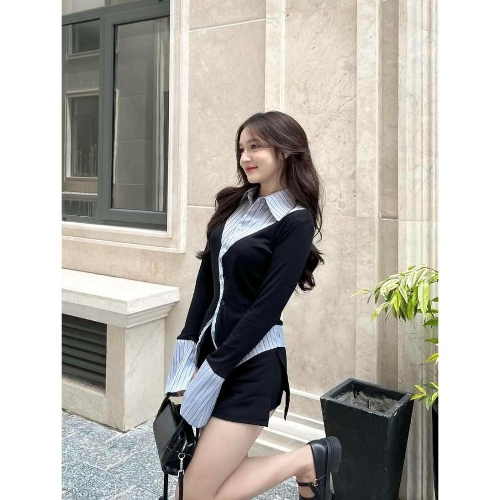 Áo thun đen phối sơ mi sọc xanh & trắng siêu tôn dáng ELWYN EL45