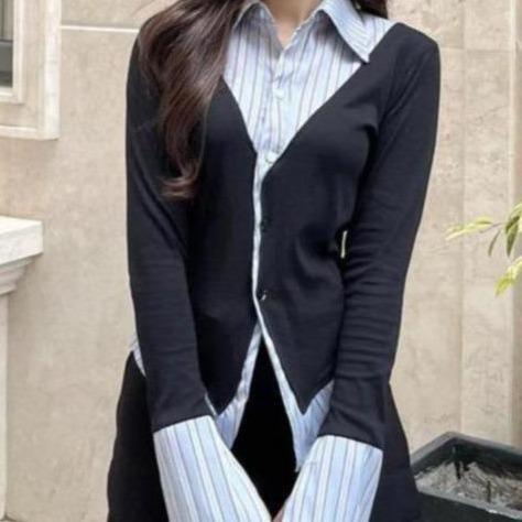 Áo thun đen phối sơ mi sọc xanh & trắng siêu tôn dáng ELWYN EL45