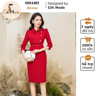Đầm công sở CITI MODE FASHION thiết kế dáng ôm đỏ dài tay cổ vest eo diễu chỉ DH4402