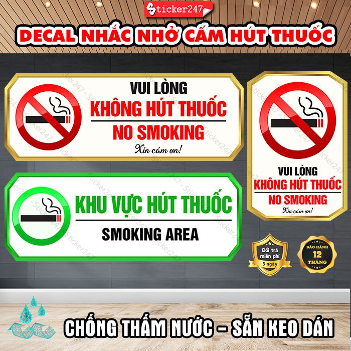 Decal Cảnh Báo Vui Lòng Không Hút Thuốc 🌈𝑭𝒓𝒆𝒆𝒔𝒉𝒊𝒑 Biển Cảnh Báo No Smoking - Sticker Trang Trí Dán Kính, Tường,Gỗ