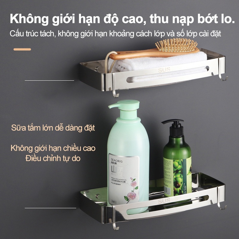 FLM Kệ Nhà Tắm Thép không gỉ phòng tắm tam giác khung vuông kèm 2 móc treo keo dán đinh ốc - dán hoặc khoan tường