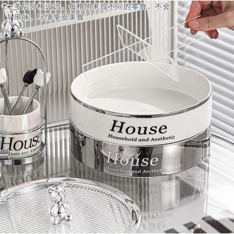 Khay Đựng Bánh Mứt Kẹo Gốm Sứ Màu Bạch Kim House Có Tay Cầm Hình Gấu Thiết Kế Hiện Đại