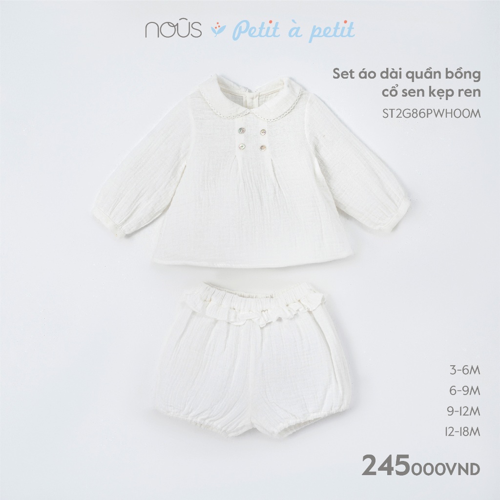 [Nous] Set quần áo dài trắng họa tiết chất liệu Petit à Petit cao cấp cho bé (size 3-12 tháng)